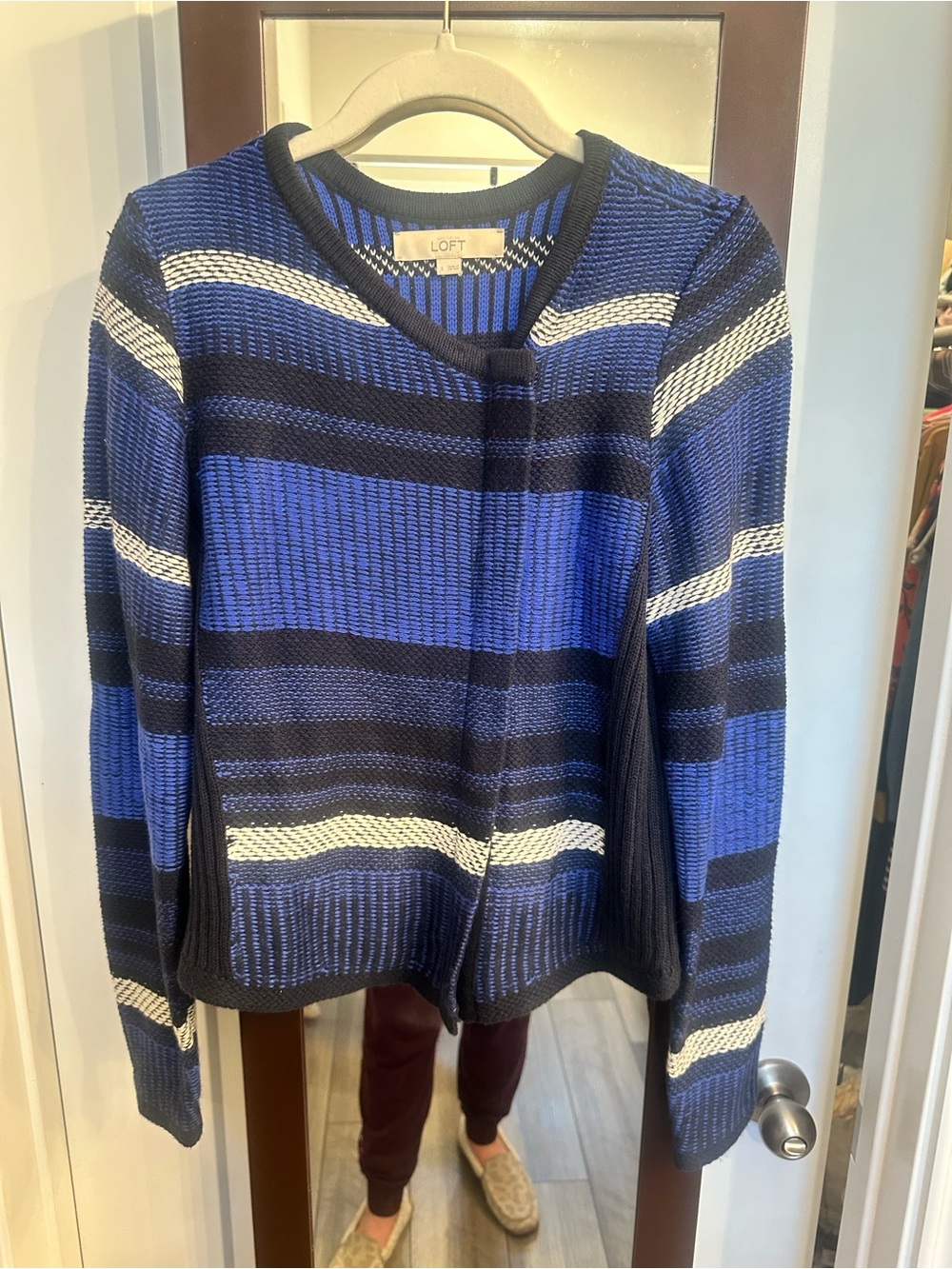 LOFT Blue, Navy & White Striped Knit Cardigan